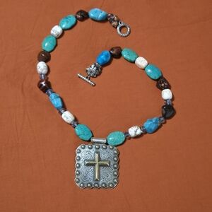 Trigg Leather Conch Style Chunky Cross Necklace Western Turquoise Equestrian